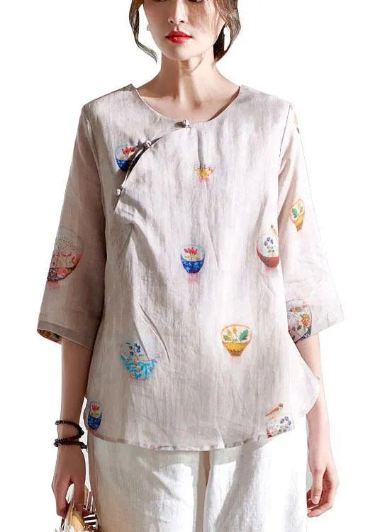 Beige Patchwork Print Button Summer Ramie Top
