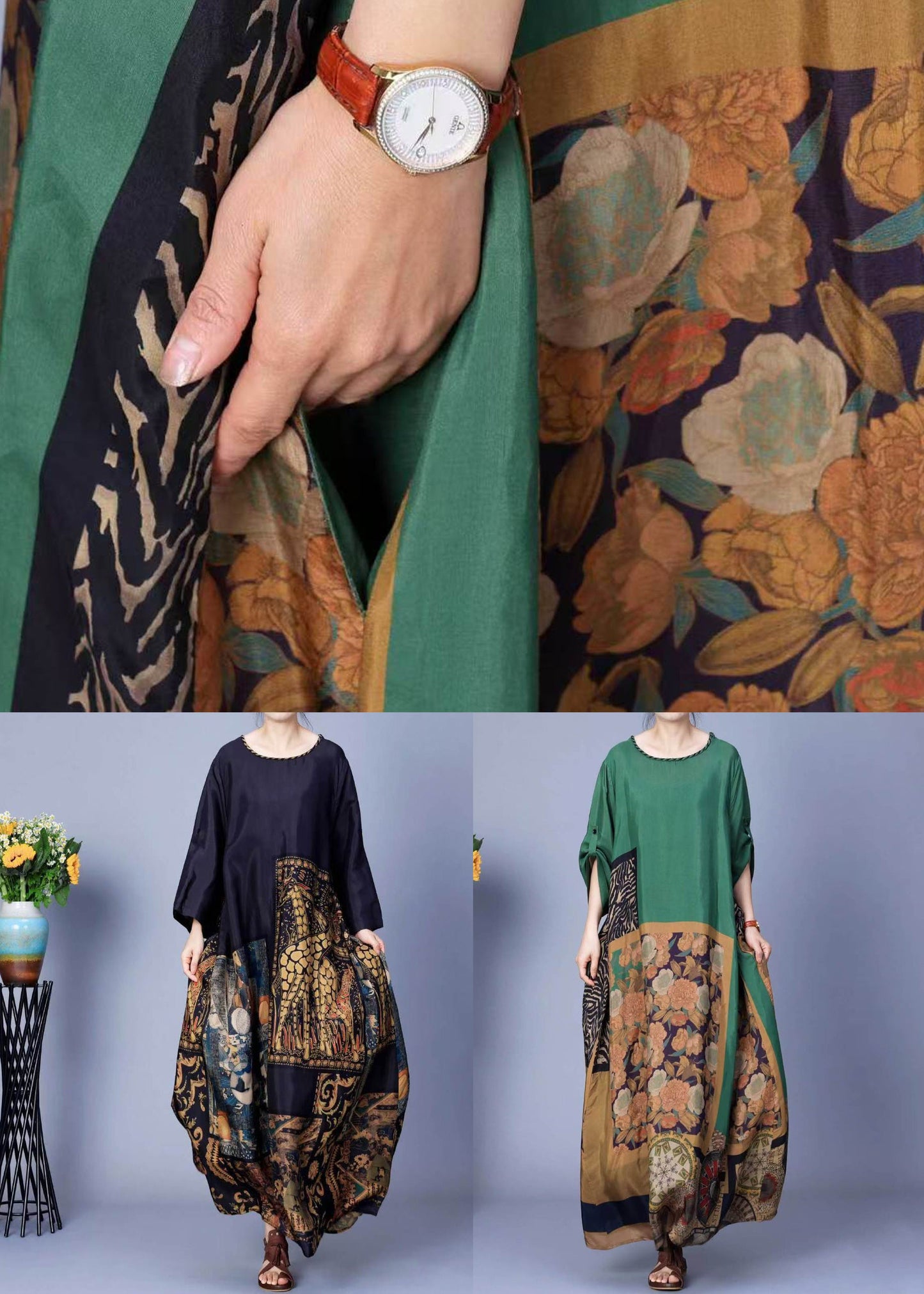 Green Print Pockets Silk Maxi Dresses Spring