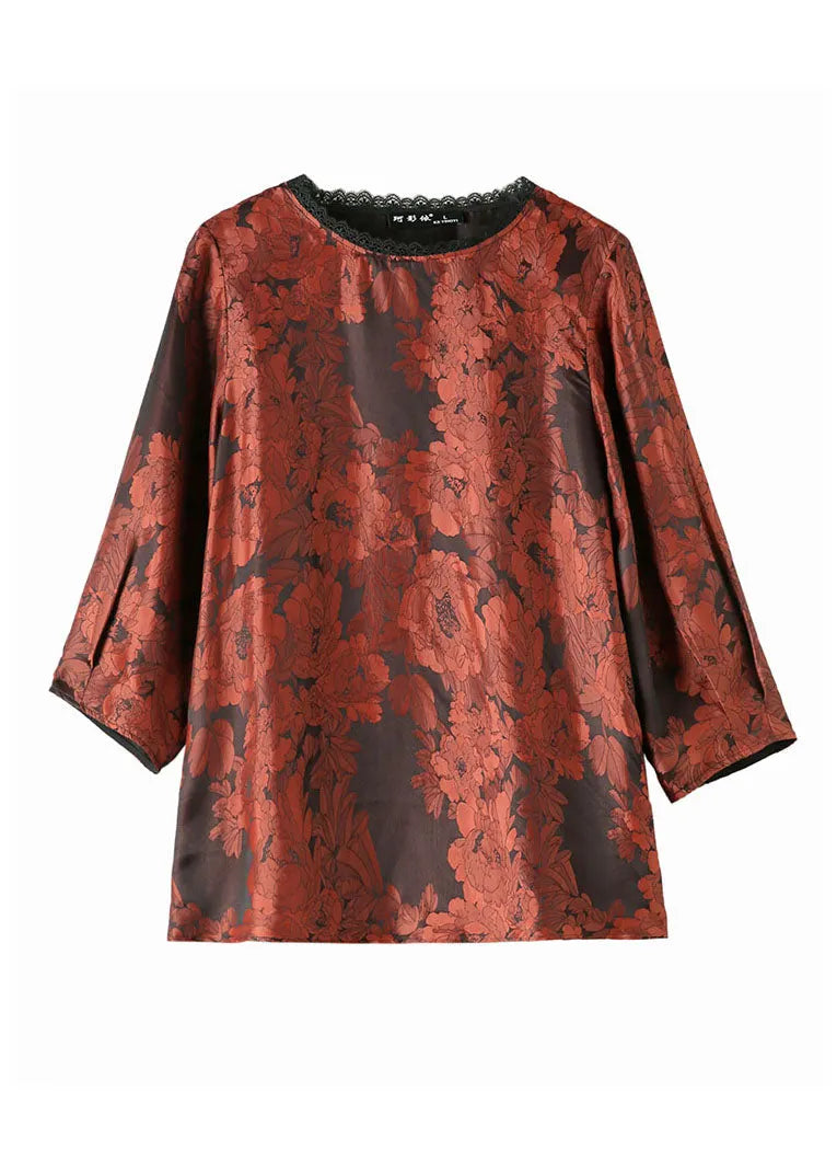 Brick Red O-neck Lace Patchwork Draping Silk Shirt Top Bracelet Sleeve
