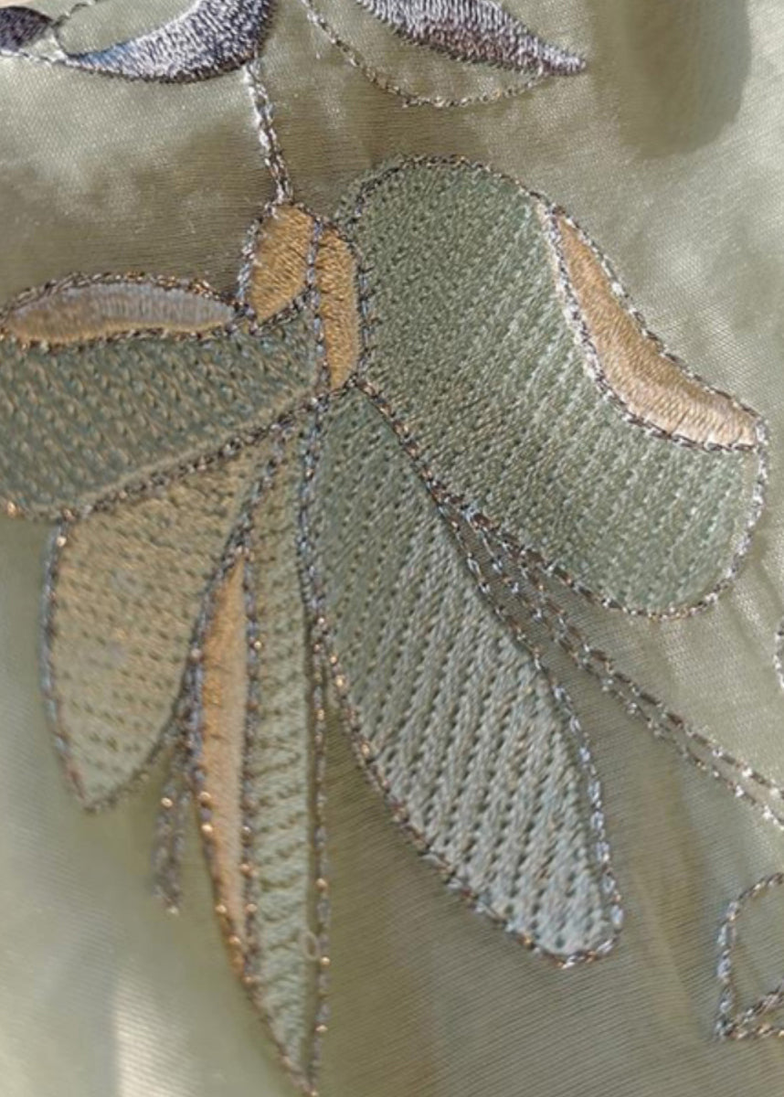 Green Embroidered Side Open Linen Shirt Bracelet Sleeve