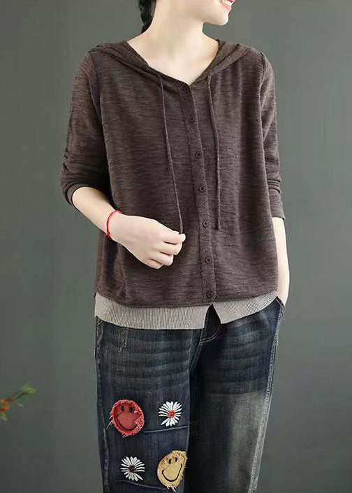 Coffee Hooded Button Patchwork Knitting Cotton Top Fall