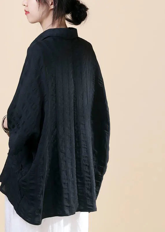 Black Button Peter Pan Collar Shirt Top Batwing Sleeve