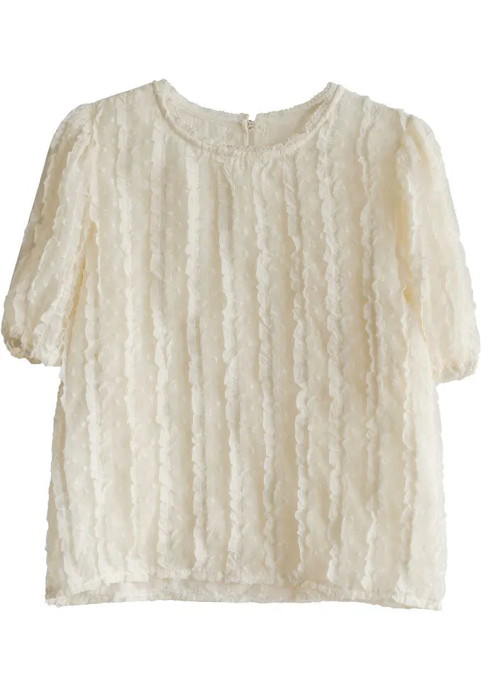 Beige O-neck Ruffled Jacquard Silk Shirts Short Sleeve