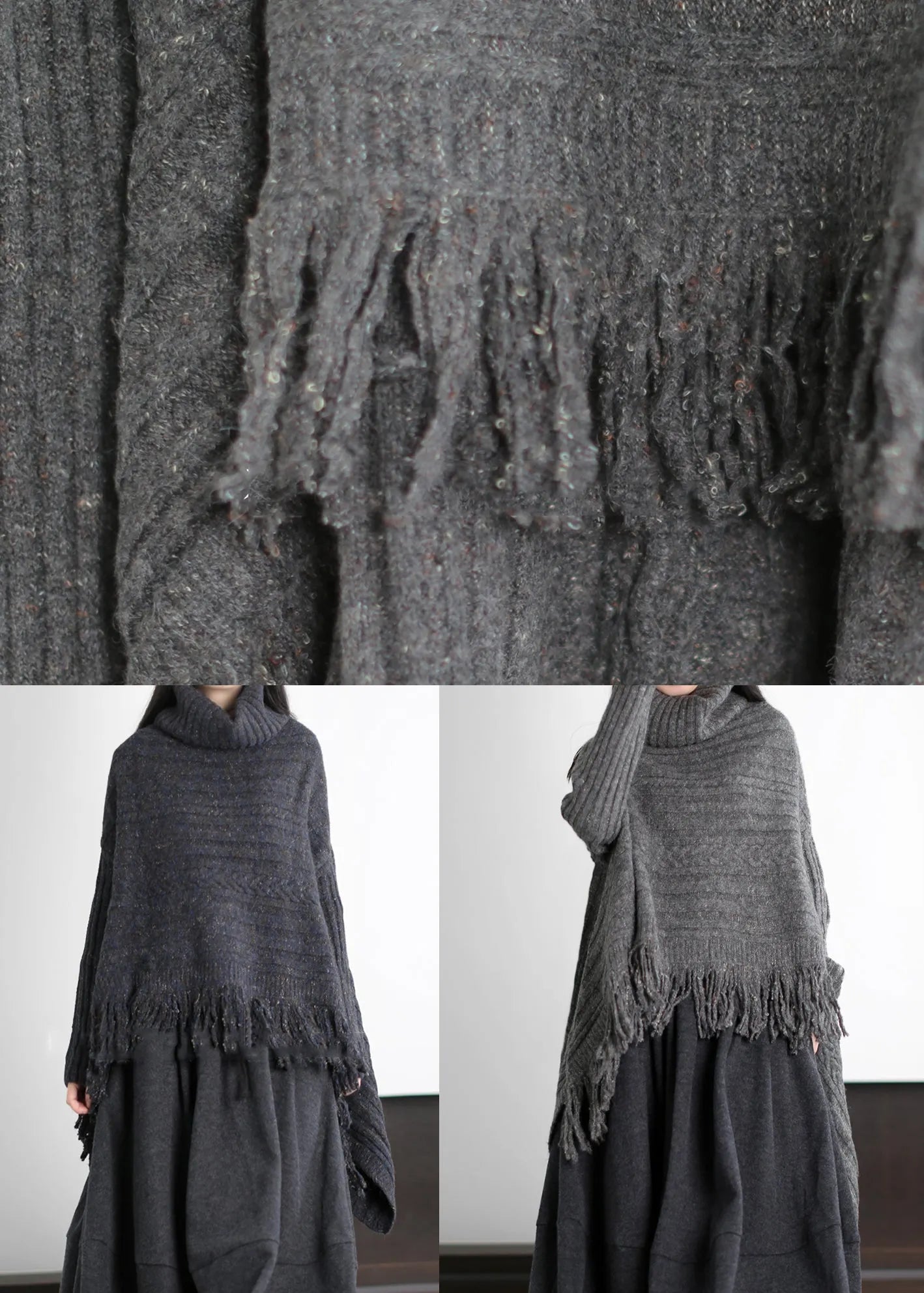 Art Black Asymmetrical Tasseled Knit Sweaters Winter