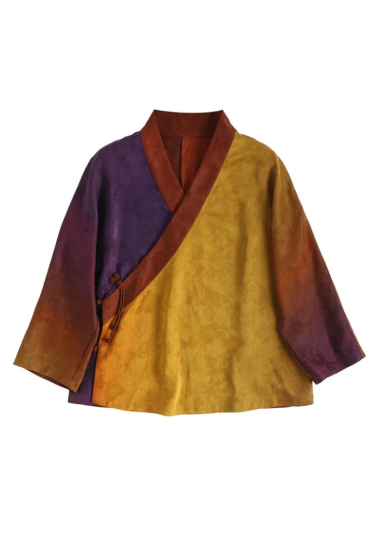 Orange Purple Gradient Color V-neck Patchwork Silk Top Long Sleeve