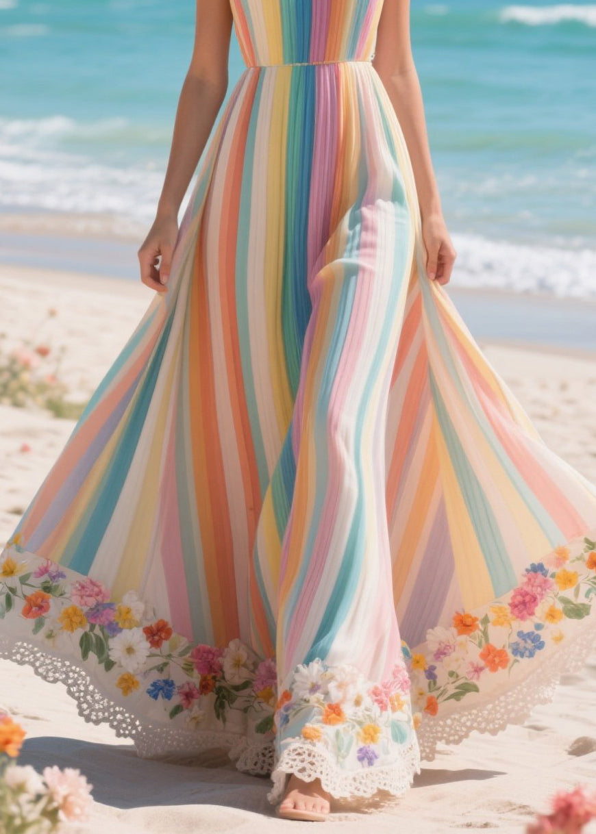 Rainbow Striped Patchwork Exra Large Hem Chiffon Holiday Dresses Summer