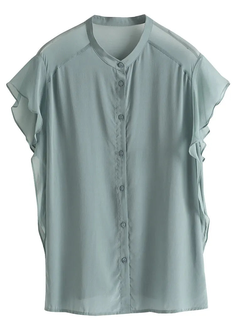 Brief Haze Blue Stand Collar Button Silk Shirt Short Sleeve