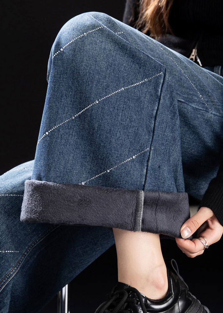 Stylish Blue Pockets Zircon Warm Fleece Denim Pants Spring