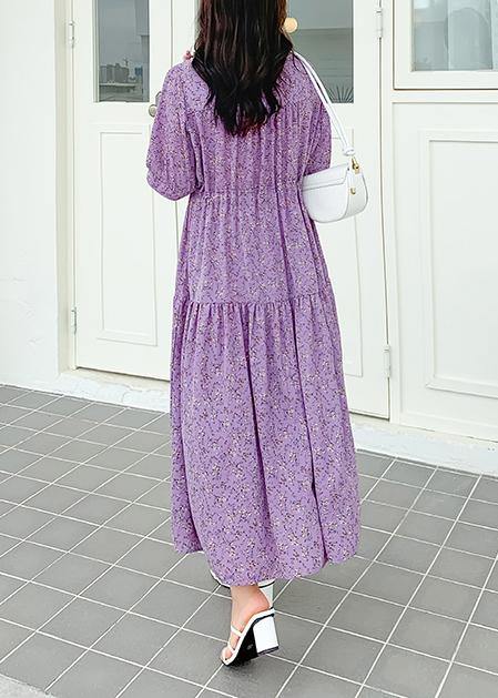 Purple Print Chiffon V Neck Summer Dress