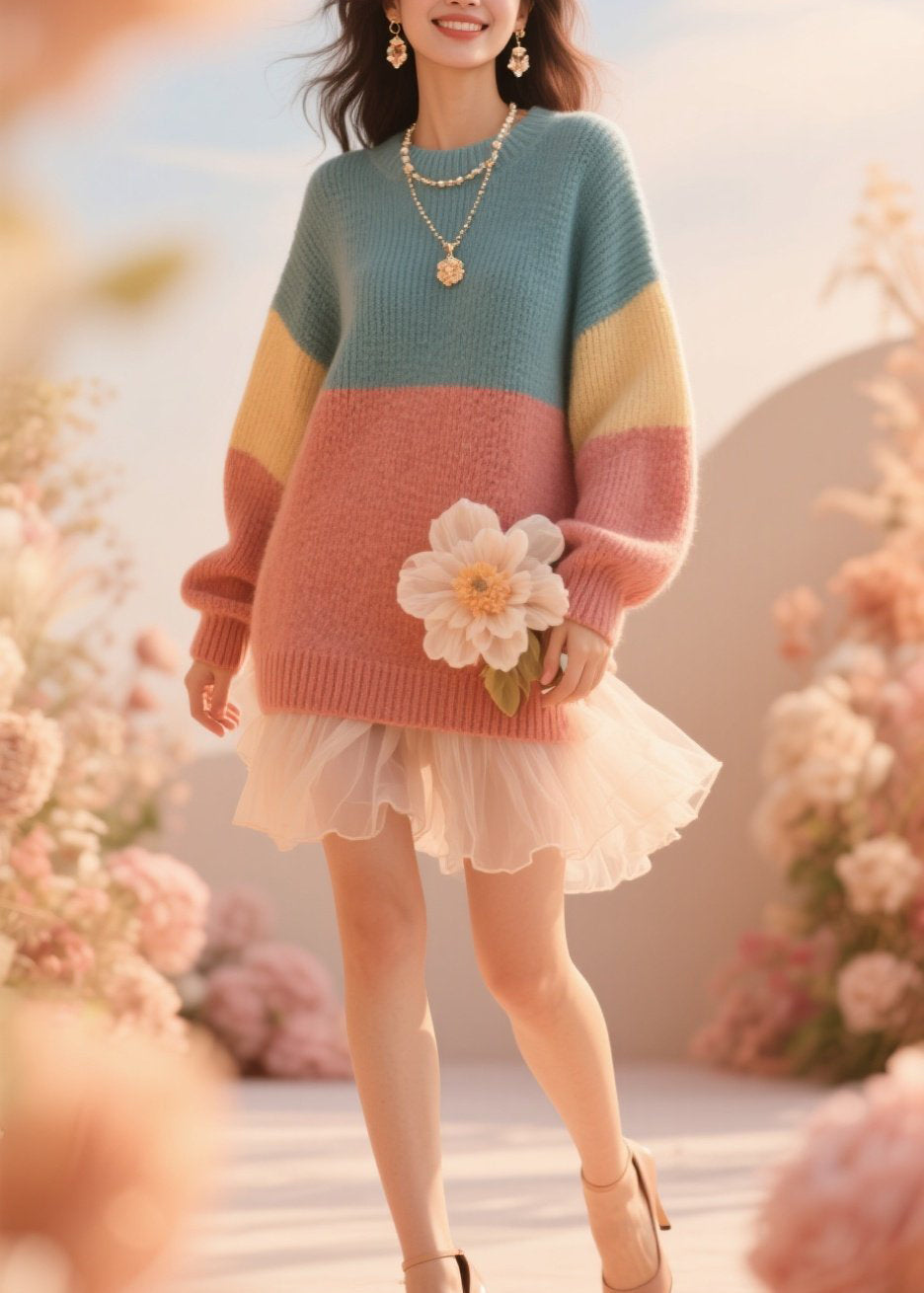 French Colorblock O Neck Knit Sweater Fall