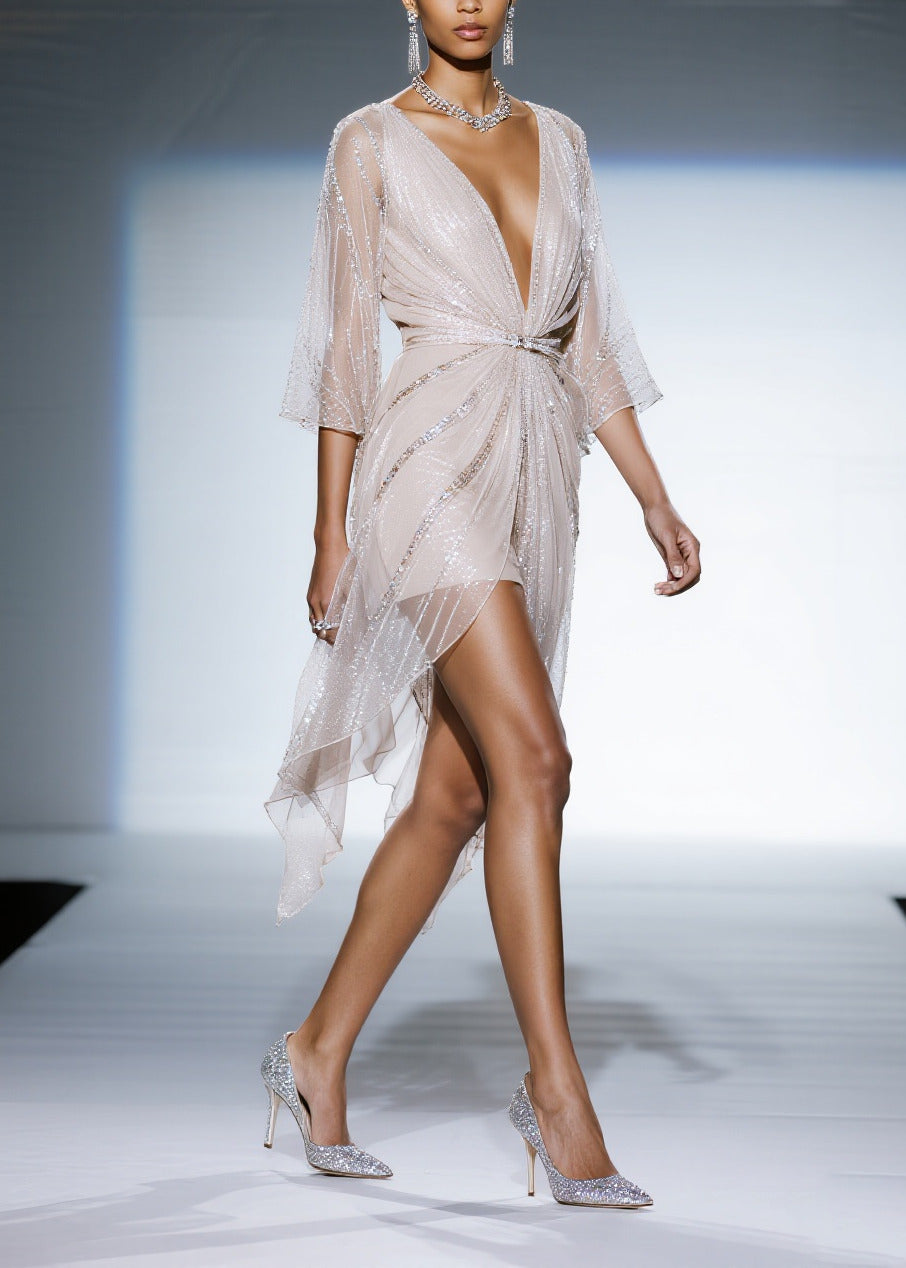 White Sequins Sheer Tulle Tea Dress Summer