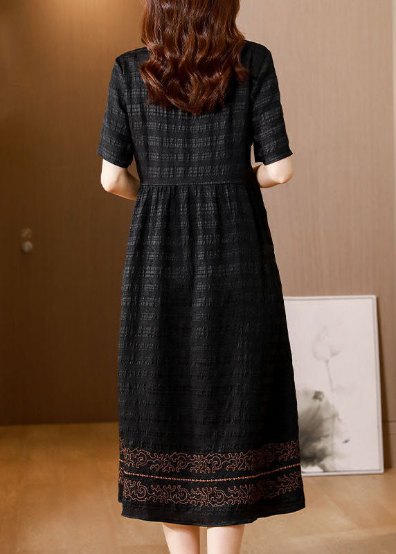 Black V Neck Wrinkled Silk Long Dress Summer