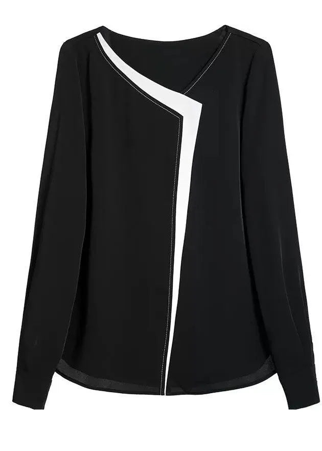 Black V Neck Patchwork Chiffon Shirt Top Long Sleeve