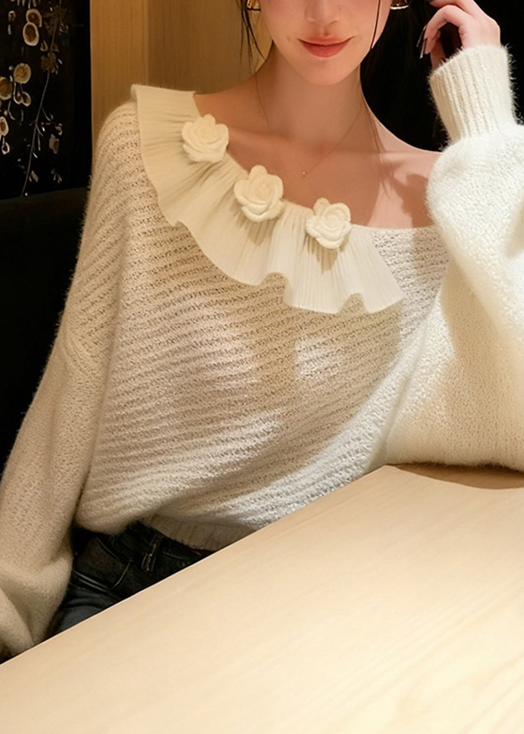 French White One Shoulder Decorated Knit Sweater Spring
