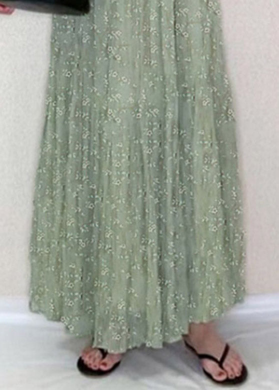 Green O-neck Ruffled Print Holiday Long Dress Summer