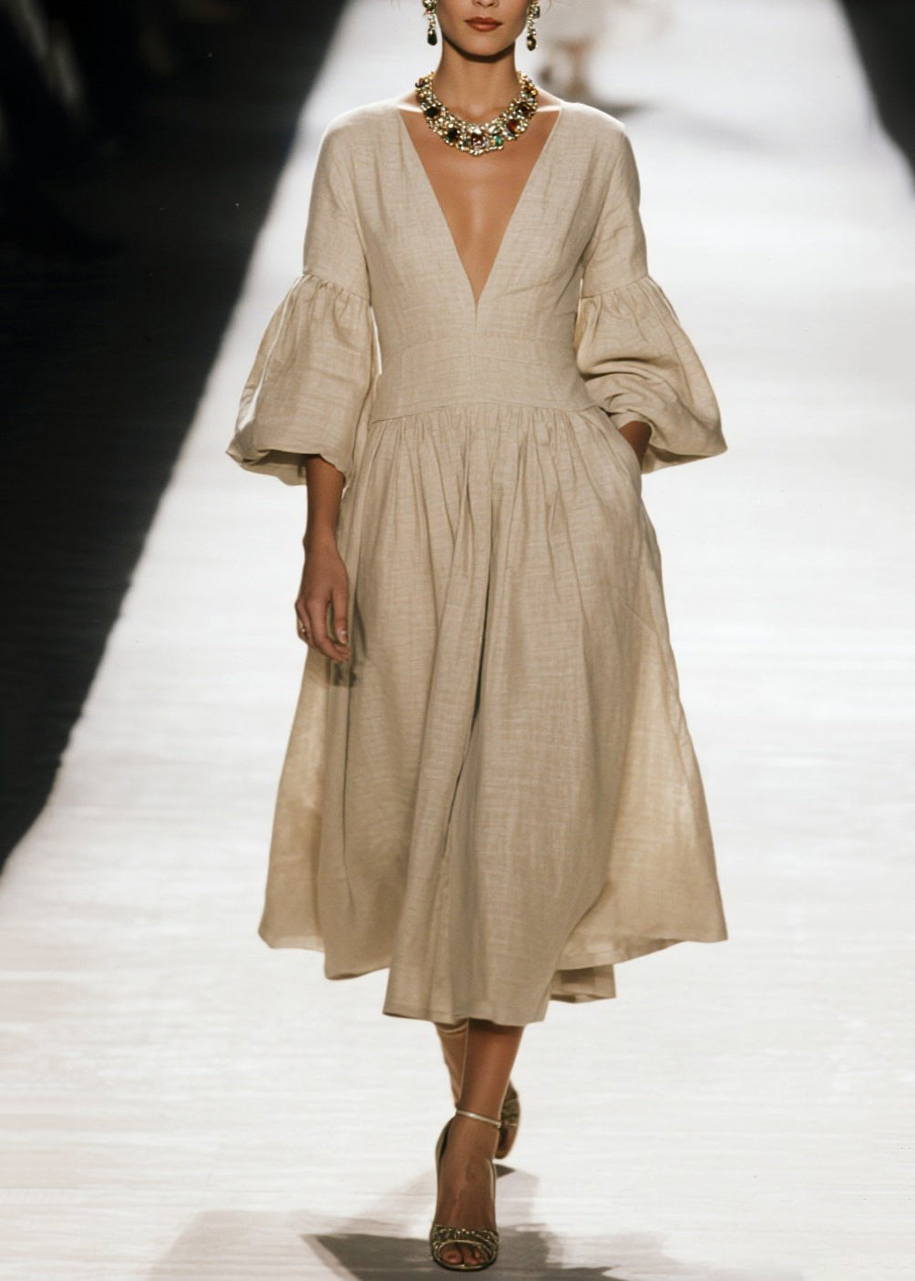 V Neck Wrinkled Patchwork Cotton Dress Fall