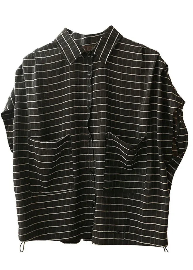 Black Peter Pan Collar Striped Pockets Drawstring Blouse Top Short Sleeve