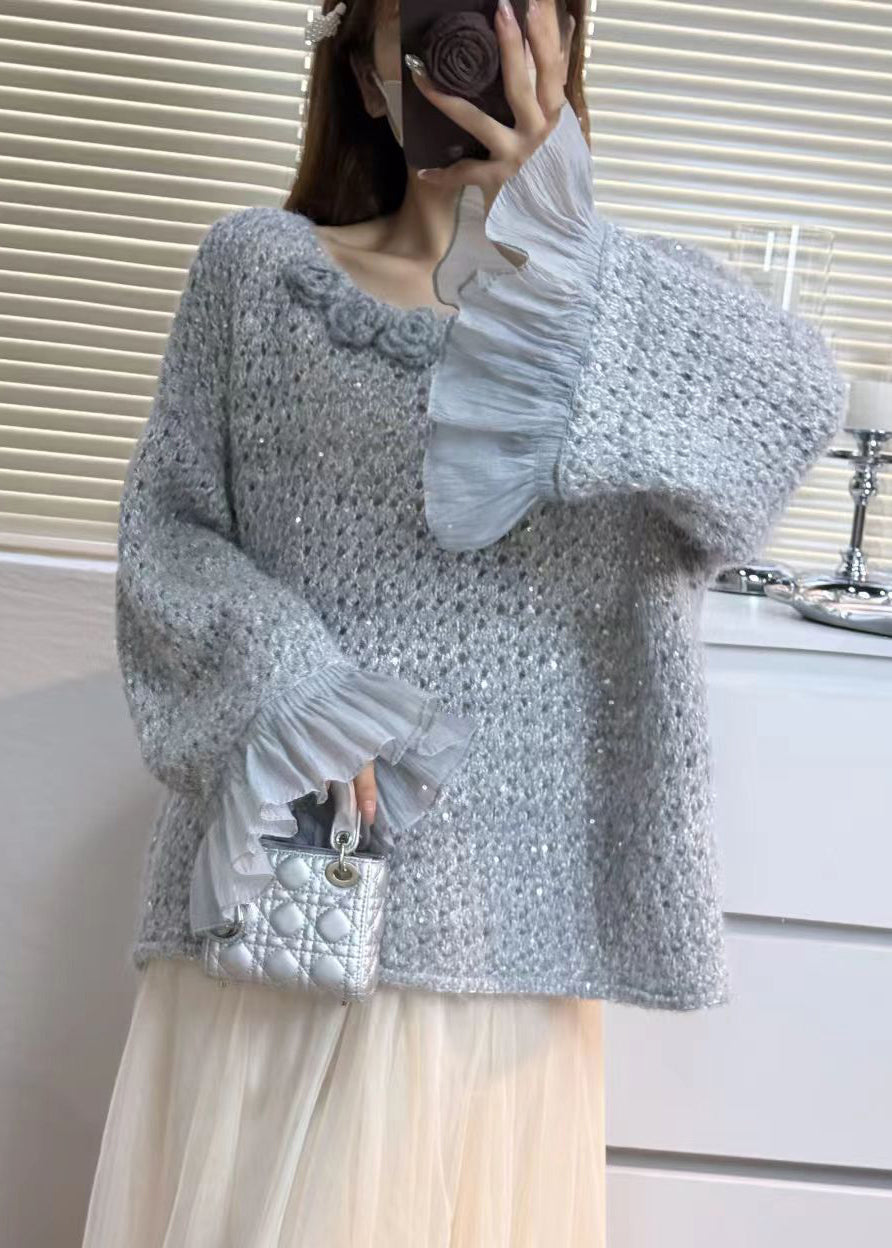 Grey Flower Patchwork Tulle Sweater Tops Flare Sleeve