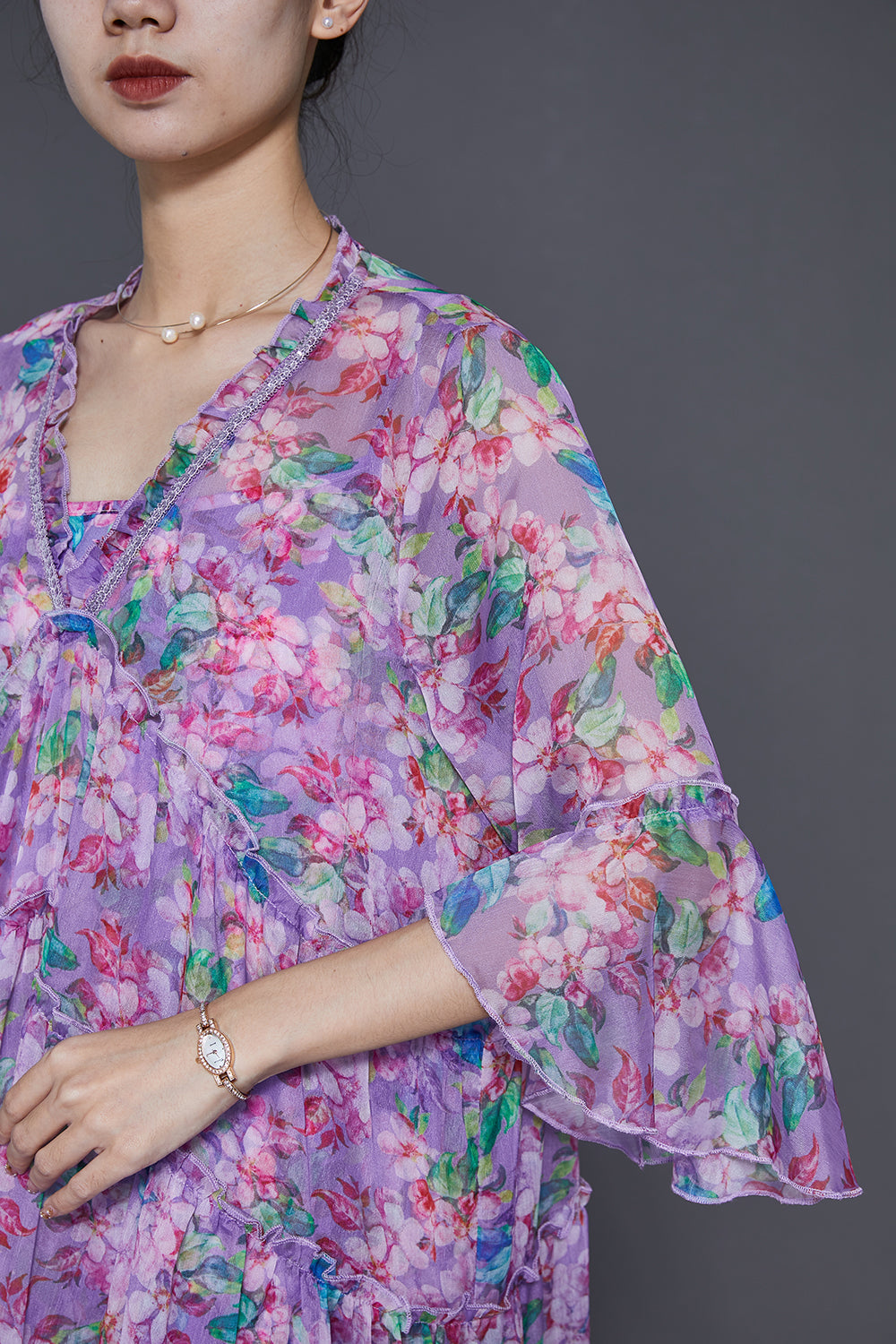 Diy Purple Ruffled Print Exra Large Hem Chiffon Dress Summer