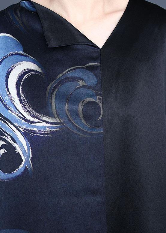 Fine Blue V Neck Asymmetrical Design Summer Silk Ankle Dress