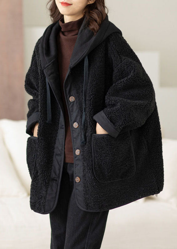 Coffee Patchwork Button Thick Faux Fur Hooded Coats Winter