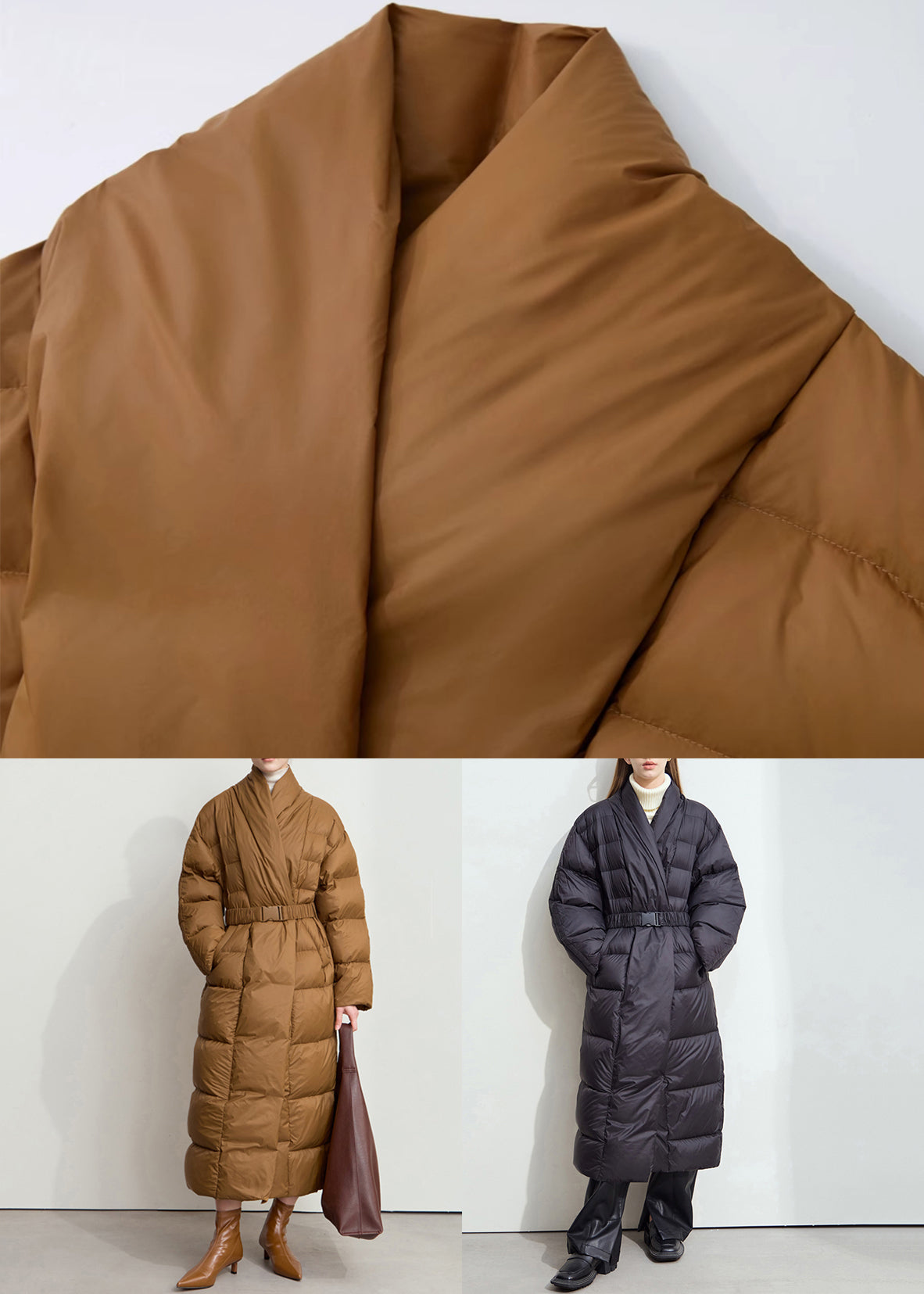Black Sashes Duck Down Down Winter Long Coats V Neck
