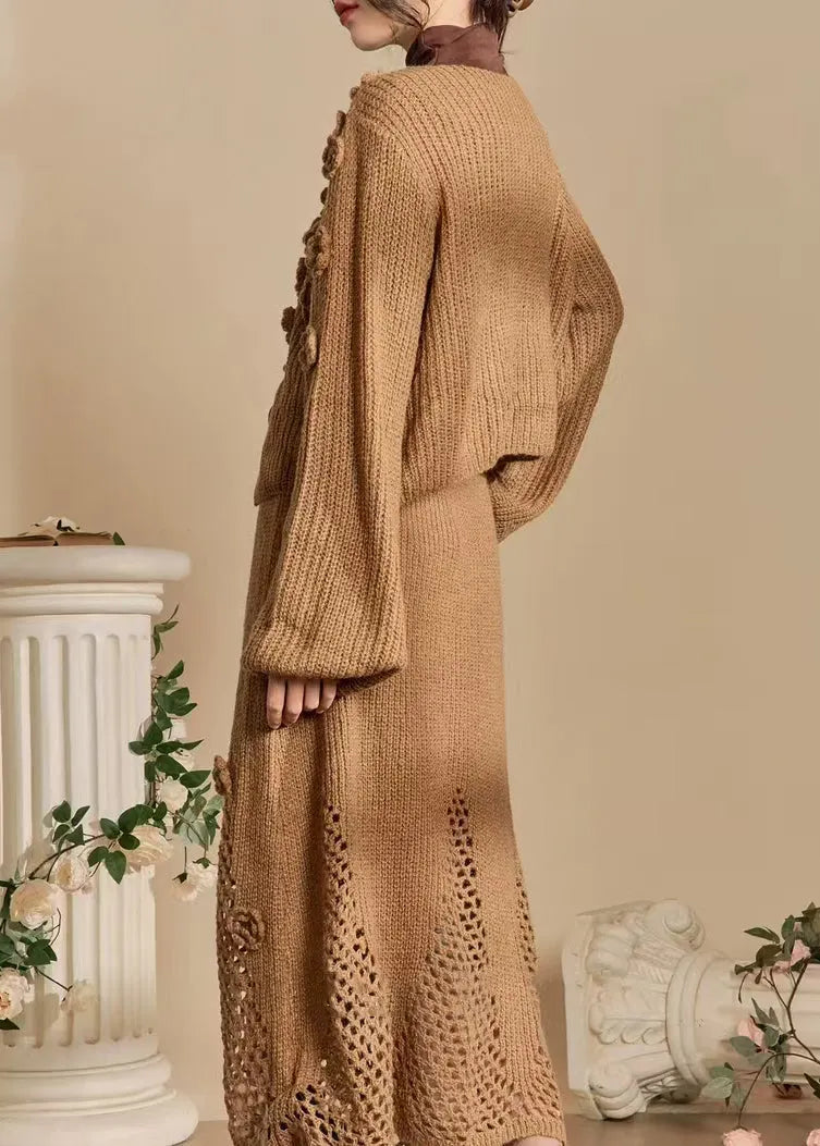 Dark Khaki Lace Up Hollow Out Knit Two Piece Set Spring