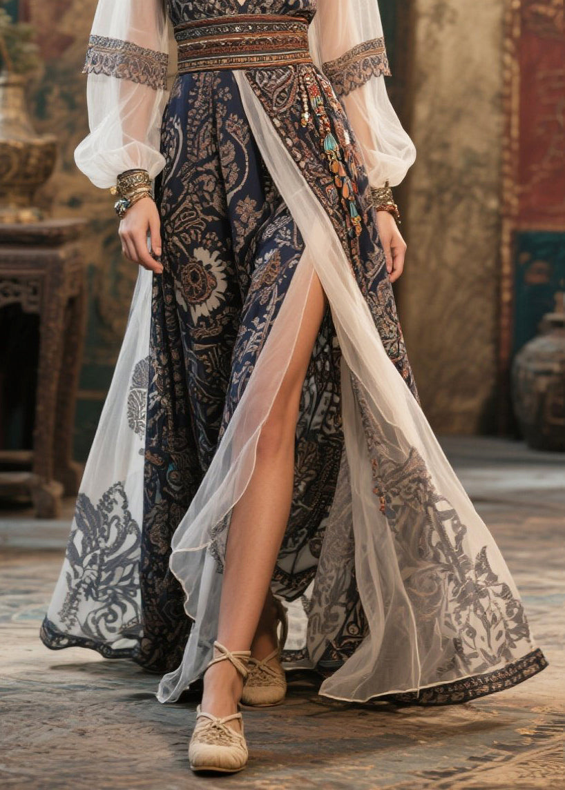 Black Deep-v Neck Print Chiffon Maxi Dresses Summer