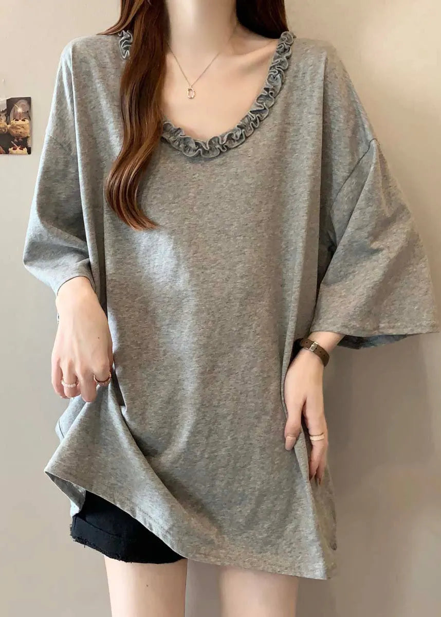 Simple Grey Ruffled Cotton Long Tops Bracelet Sleeve