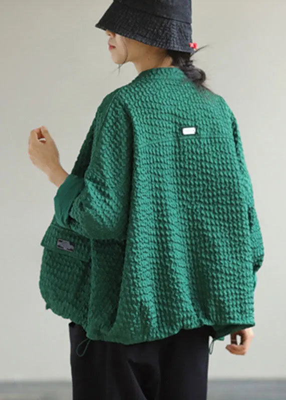 Art Green O-neck Pockets Patchwork Cotton Coats Spring