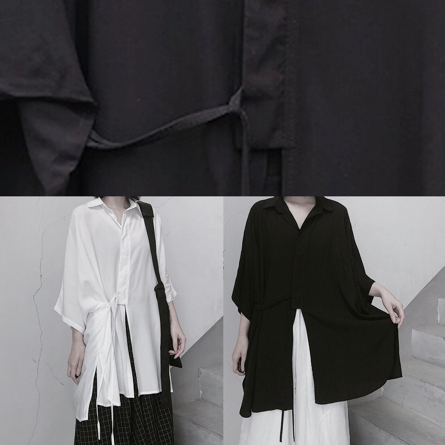 Diy Lapel Batwing Sleeve Blouses for Photography Black Top