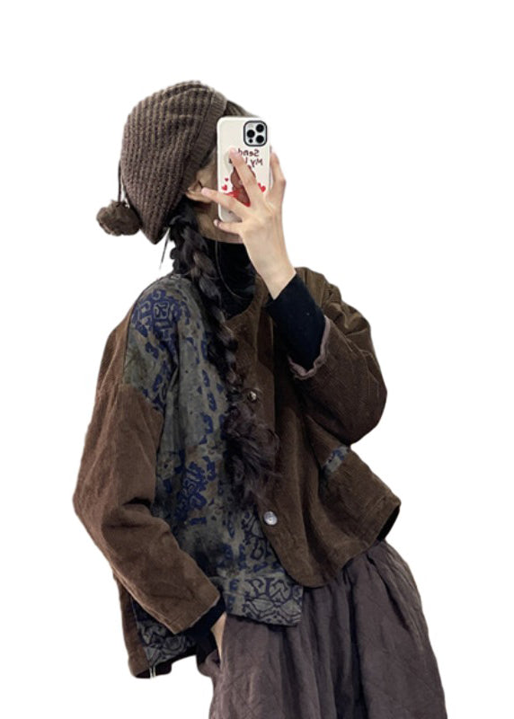Black Print Asymmetrical Corduroy Fine Cotton Filled Jacket Winter