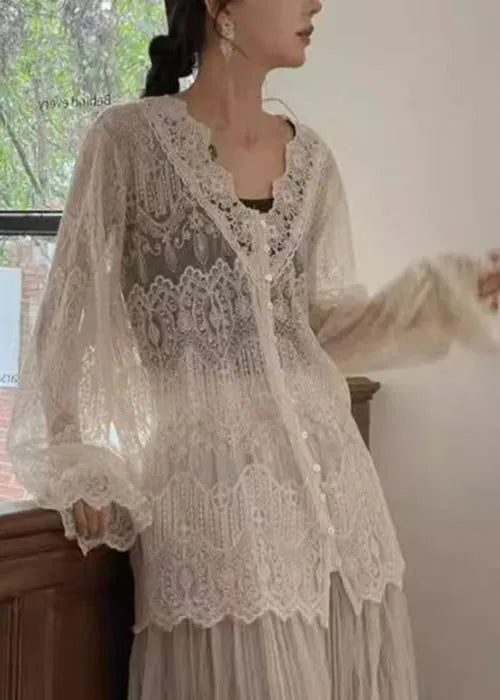 Apricot V Neck Button Lace Shirt Butterfly Sleeve