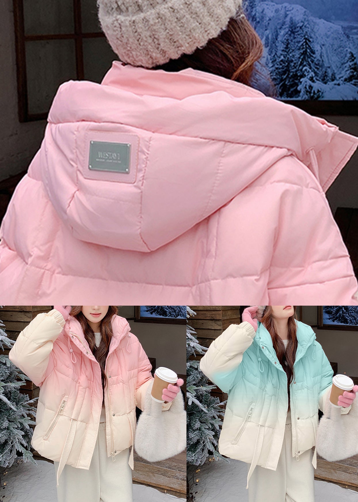 Pink Gradient Color Hooded Zippered Duck Down Coats Winter