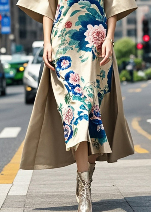 Original Design Khaki Mandarin Collar Print Silk a Line Dress Fall