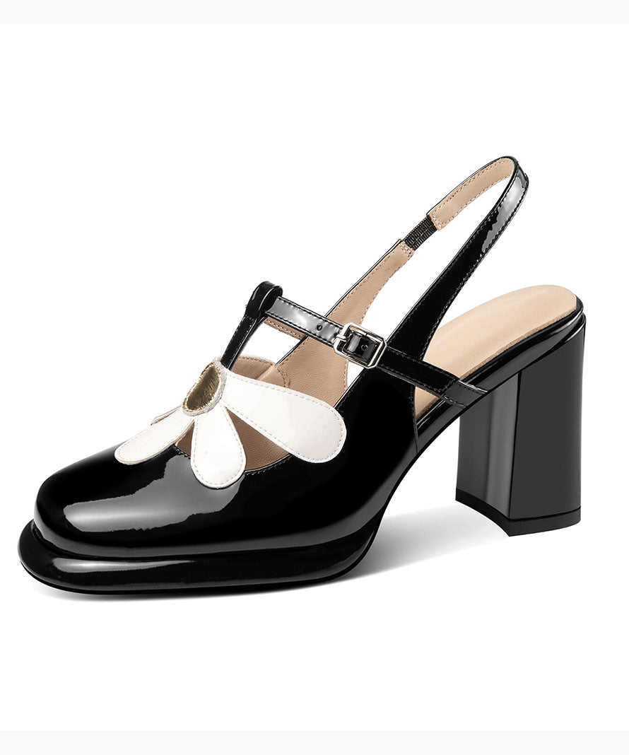 Black Sandals Chunky Cowhide Leather Hollow Out