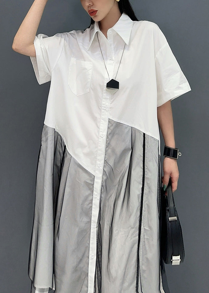 Summer Peter Pan Collar Wrinkled Patchwork Shirts Dress