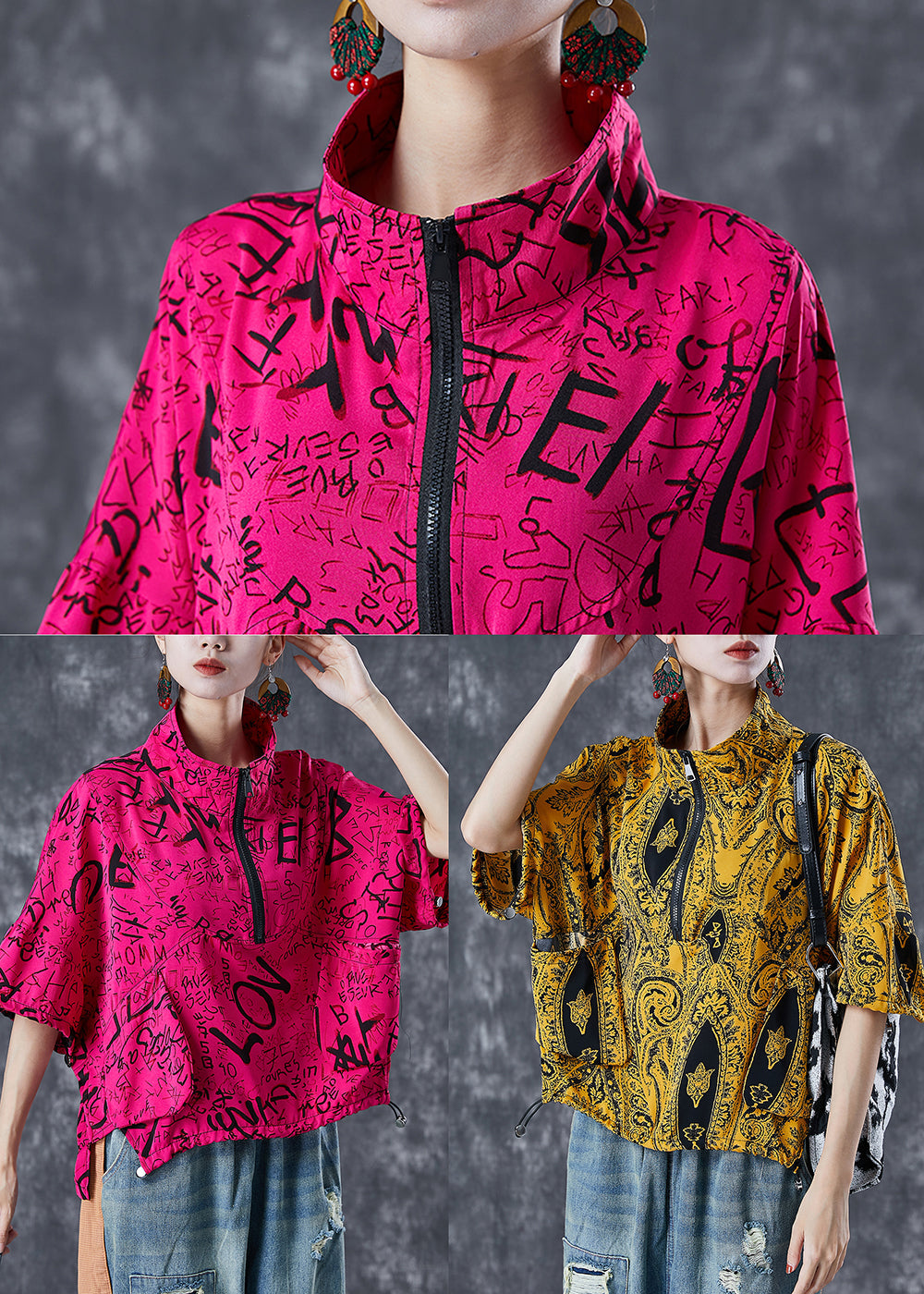 Rose Print Cotton Sweatshirt Oversized Drawstring Summer