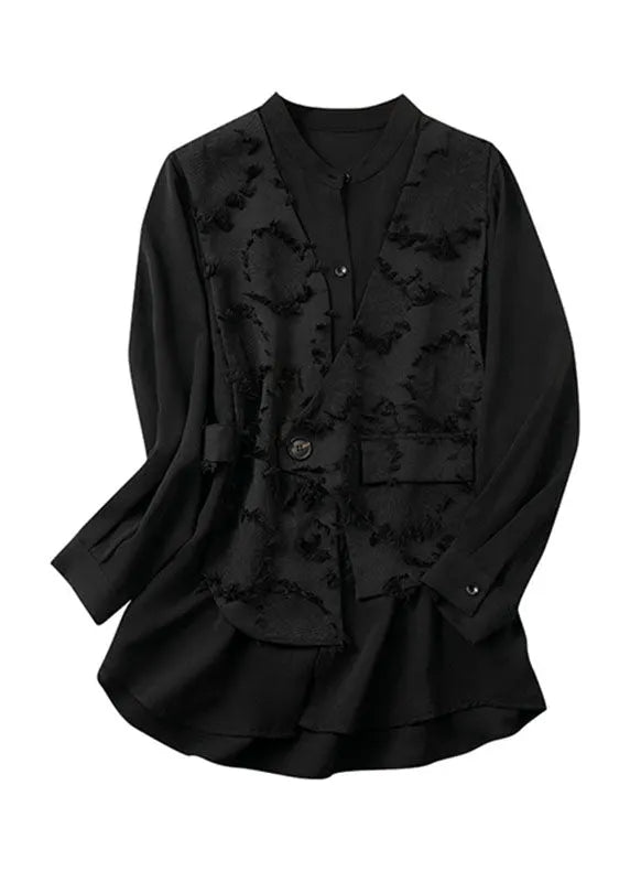 Black O-neck Patchwork Fake Two Pieces Chiffon Top Fall