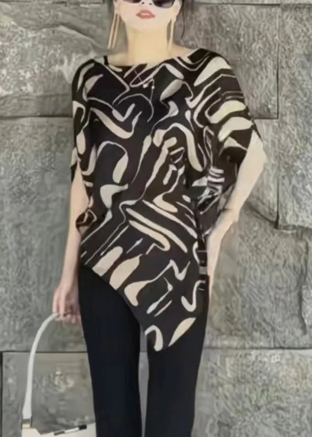 Beige Asymmetrical Print Cotton Blouse Tops Summer