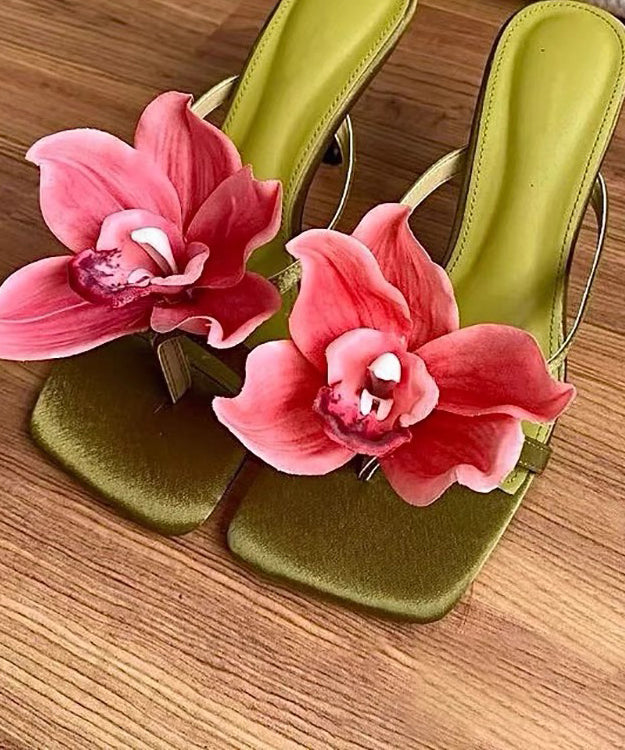 Green Handmade Splicing High Heels Slide Sandals
