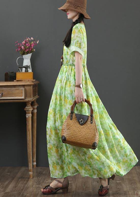Green Print Linen Tie Waist Summer Dress