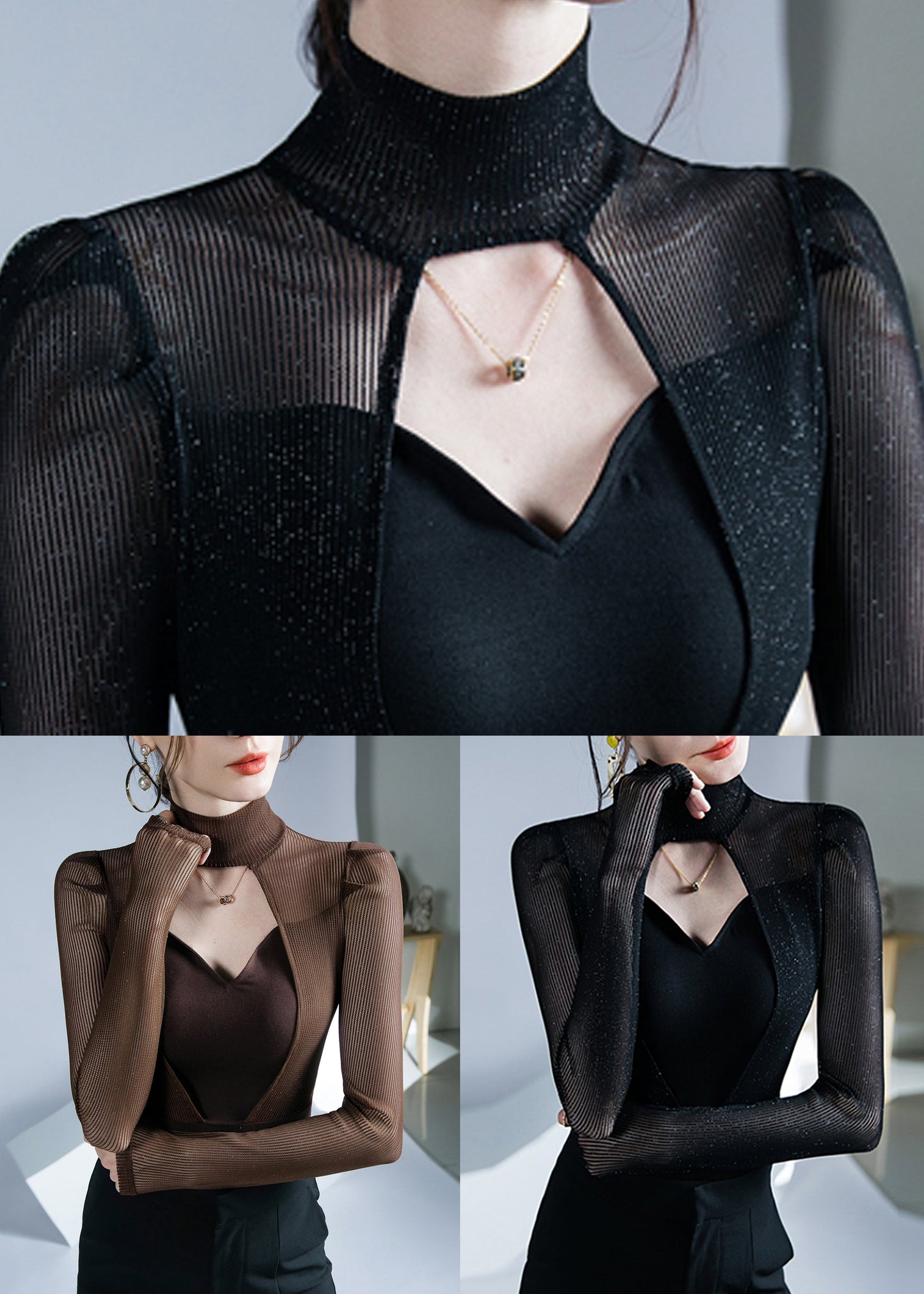 Black Turtleneck Hollow Out Patchwork Knittop Fall