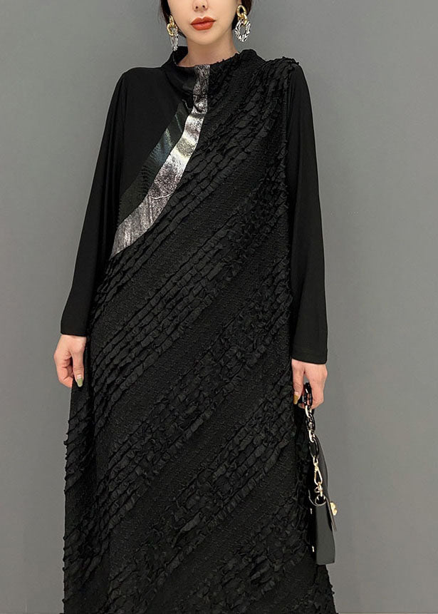 Original Design Black Stand Collar Patchwork Wear on Both Sides Holiday Dress Spring
