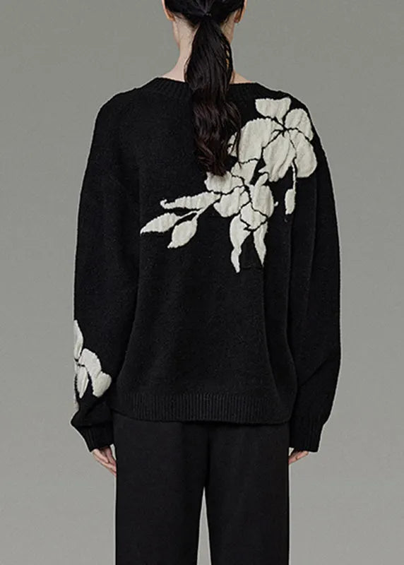 Black V Neck Cozy Cotton Knit Sweater Winter