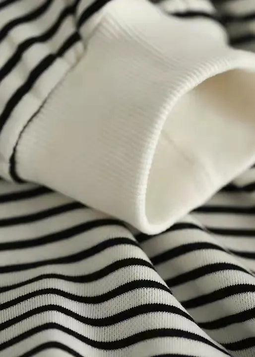 Chocolate O-neck Striped Patchwork Cotton Sweatshirts Top Long Sleeve