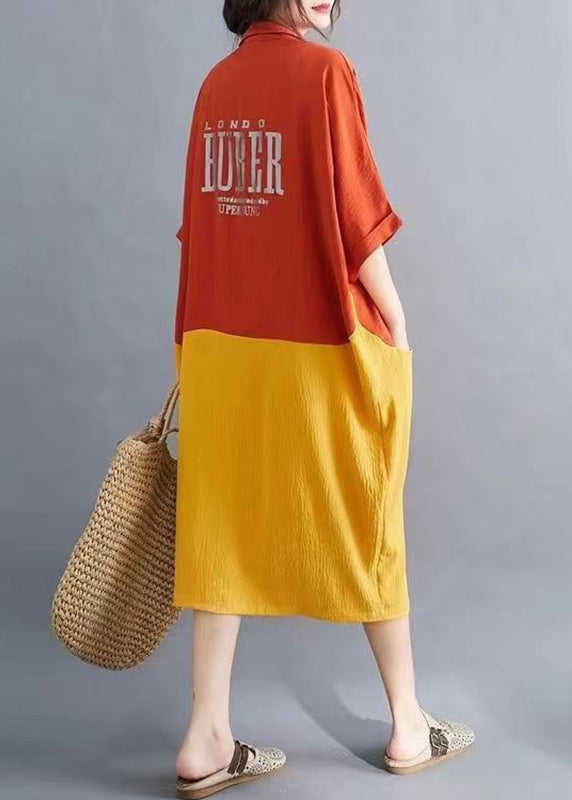 Orange Patchwork Yellow Peter Pan Collar Button Pockets Maxi Shirts Dress Summer