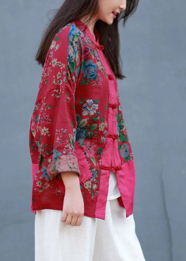 Red Stand Collar Patchwork Print Linen Blouses Spring