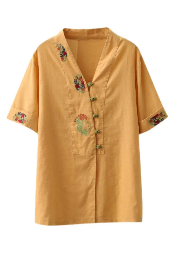 Yellow V Neck Embroideried Button Shirt Short Sleeve