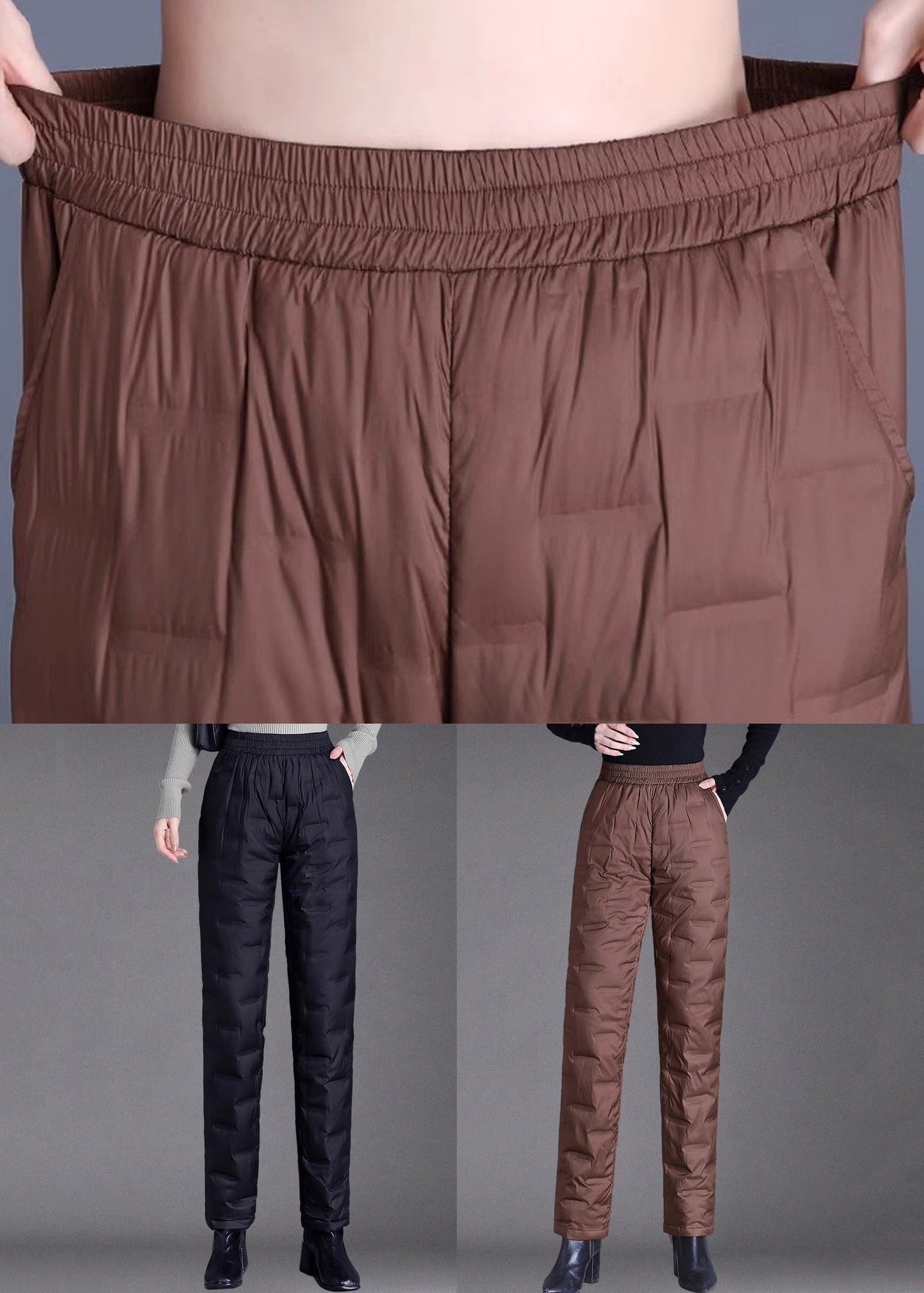 Black Elastic Waist Thick Duck Down Filled Straight Pants Plaid